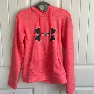 Under armour big logo bright pink hoodie, lightly warn, size small
